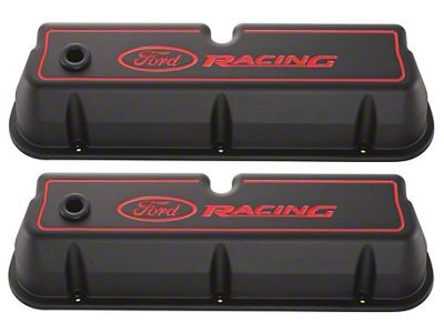 Black Crinkle Finish Die-Cast Aluminum Valve Covers with Red Ford Racing Emblems, 289/302/351W V8