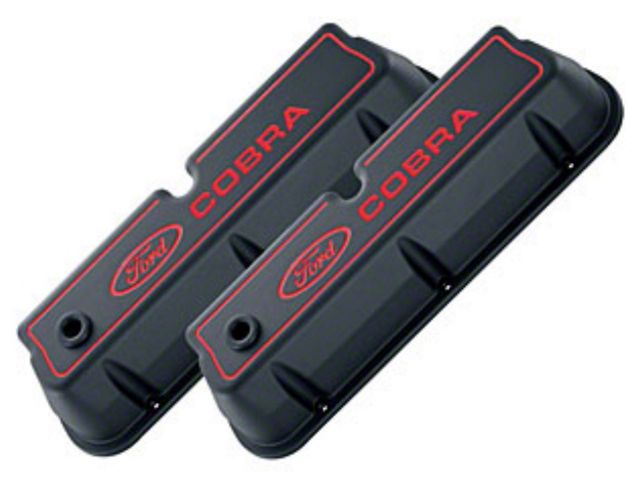 Black Crinkle Finish Die-Cast Aluminum Valve Covers with Red Cobrea Emblems, 289/302/351W V8