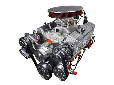 BluePrint Engines Small Block Chevy 383 C.I. 436 HP Deluxe Dressed Carbureted Low Profile Crate Engine with Polished Pulley Kit