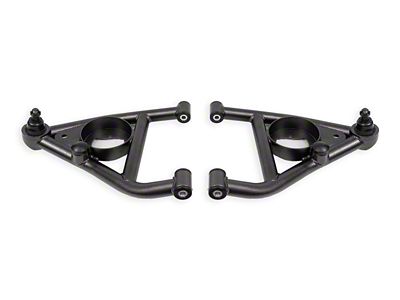 BMR Non-Adjustable Front Lower Control A-Arms; Delrin; Standard Ball Joint; Front Bump Stops; Black Hammertone (67-69 Firebird)