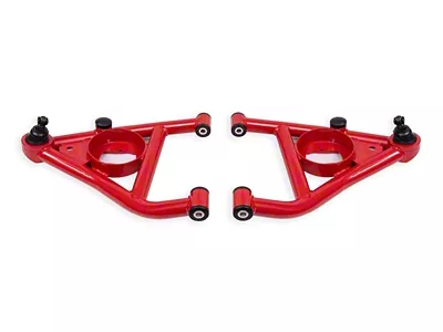 BMR Non-Adjustable Front Lower Control A-Arms; Delrin; Standard Ball Joint; Rear Bump Stops; Red (68-74 Chevy II, Nova)