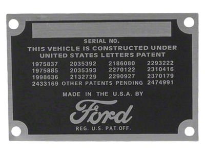 Bob Drake Patent Data Plate (48-52 F1, F2, F3, F4)