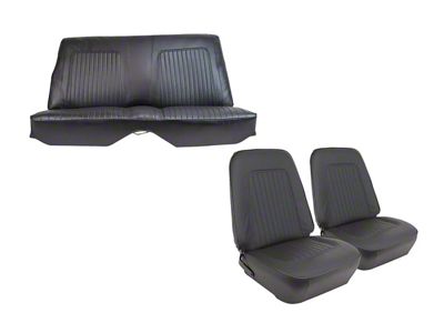 CA Standard Interior Premium Stitched Vinyl Front Bucket and Rear Seat Upholstery; Black (67-68 Camaro Coupe)