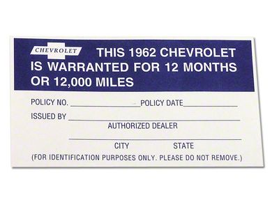 12-Month /12000 Mile Warranty Decal (1962 Corvette C1)