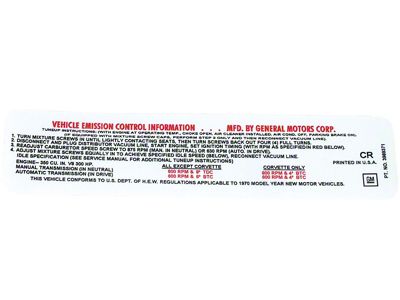 300 Horsepower Emission Label (1970 Corvette C3)