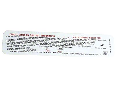 350 Horsepower Emission Label (1970 Corvette C3)