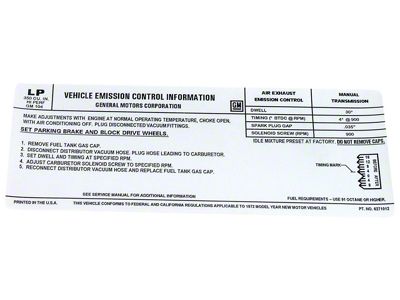350 LT1 Emission Decal (1972 Corvette C3)