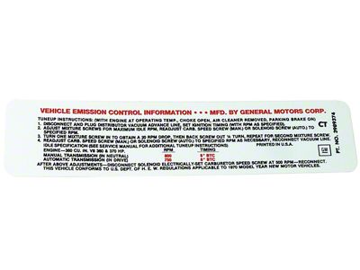 370 Horsepower LT1 Emission Label (1970 Corvette C3)