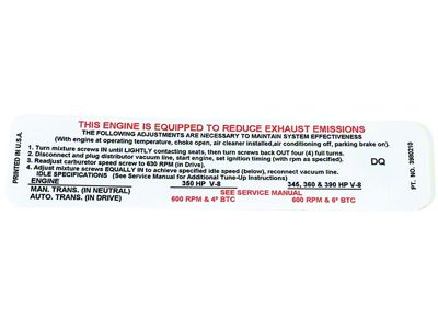 454/390 Horsepower Emission Label (1970 Corvette C3)