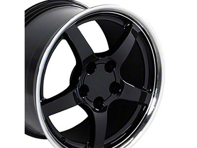 Staggered C5 Style Deep Dish Gloss Black with Machined Lip 4-Wheel Kit; 17x9.5/18x10.5; 54mm/56mm Offset (88-96 Corvette C4)