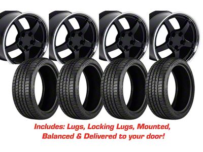 Staggered C5 Y2K Style Gloss Black with Machined Lip Wheel and Michelin Pilot Sport A/S 4 Tire Kit; 17x9.5/18x10.5 (88-96 Corvette C4)