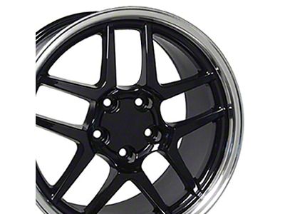 Staggered C5 Z06 Style Gloss Black with Machined Lip 4-Wheel Kit; 17x9.5/18x10.5; 54mm/56mm Offset (88-96 Corvette C4)