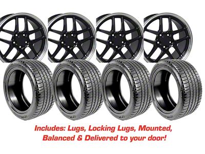 Staggered C5 Z06 Style Gloss Black with Machined Lip Wheel and Michelin Pilot Sport A/S 4 Tire Kit; 17x9.5/18x10.5 (88-96 Corvette C4)