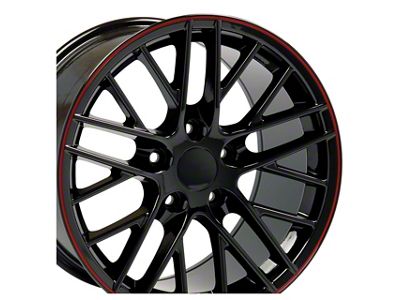 Staggered C6 ZR1 Style Gloss Black with Red Stripe 4-Wheel Kit; 17x9.5/18x10.5; 54mm/56mm Offset (88-96 Corvette C4)