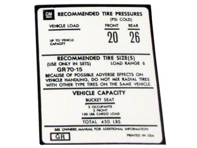 Door Tire Pressure Decal (76-77 Corvette C3)