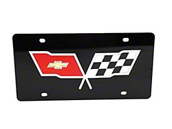 Auto Accessories of America Front License Plate. Black with Mirrored Cross Flags Logo (53-82 Corvette C1, C2 & C3)