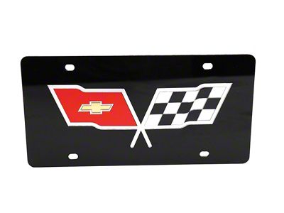 1953-1982 Corvette Front License Plate. Black with Mirrored Cross Flags Logo