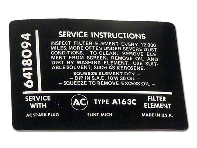 Fuel Injection Instruction Air Cleaner Decal (1965 Corvette C2)