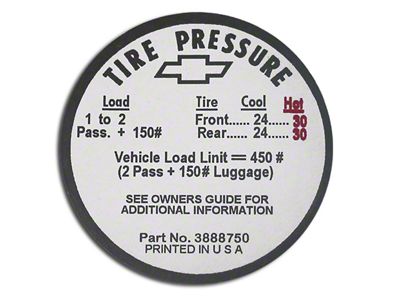 Glove Box Tire Pressure Decal (1966 Corvette C2)