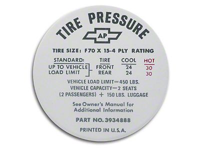 Glove Box Tire Pressure Decal (68-72 Corvette C3)