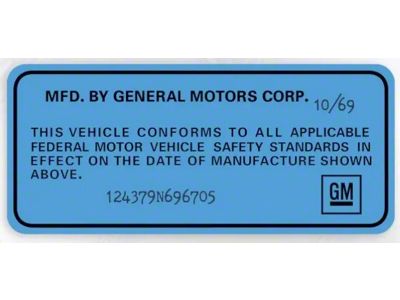 1969-1972 Corvette GM Licensed Door Jamb VIN Data Decal - Blue - Sold Individually