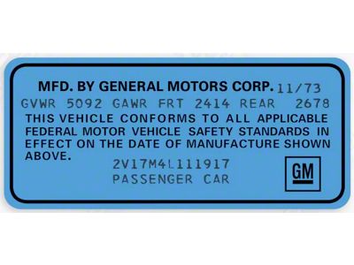 1975-1977 Corvette GM Licensed Door Jamb VIN Data Decal - White - Sold Individually