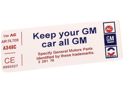 Keep Your GM Car All GM Air Cleaner Decal (1977 Corvette C3)