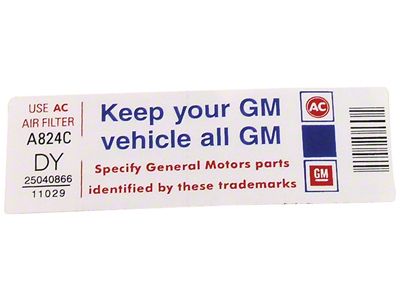 Keep Your GM Car All GM Air Cleaner Decal (1982 Corvette C3)