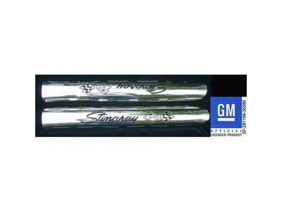 Stainless Steel Side Exhaust Heat Shields; Stingray Script with Cross Flags (63-82 Corvette C2 & C3)