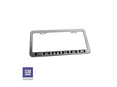 License Plate Frame with Black Camaro Script; Polished Stainless Steel (Universal; Some Adaptation May Be Required)