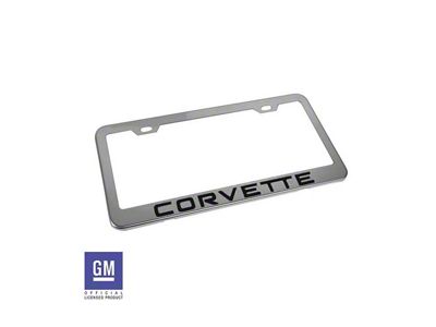 License Plate Frame with Carbon Fiber Corvette Script; Polished Stainless Steel (Universal; Some Adaptation May Be Required)