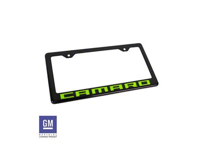 License Plate Frame with Lime Green Camaro Script; Carbon Fiber (Universal; Some Adaptation May Be Required)
