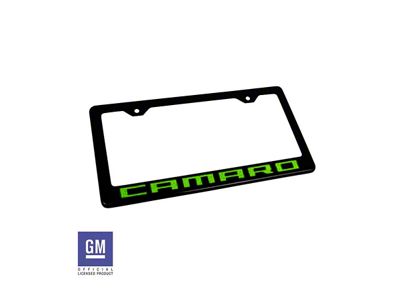 License Plate Frame with Lime Green Camaro Script; Matte Black (Universal; Some Adaptation May Be Required)
