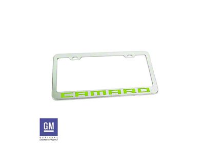 License Plate Frame with Lime Green Camaro Script; Polished Stainless Steel (Universal; Some Adaptation May Be Required)
