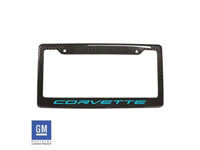 License Plate Frame with Rapid Blue Corvette Script; Carbon Fiber (Universal; Some Adaptation May Be Required)