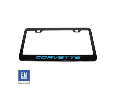 License Plate Frame with Rapid Blue Corvette Script; Matte Black (Universal; Some Adaptation May Be Required)