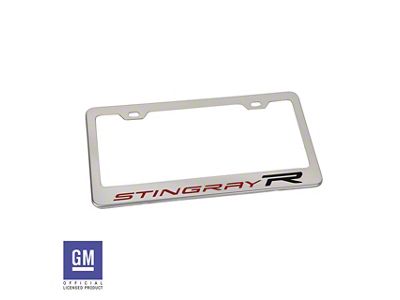 License Plate Frame with Red and Black Stingray R Logo; Polished Stainless Steel (Universal; Some Adaptation May Be Required)