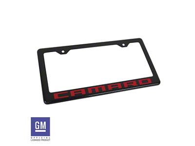 License Plate Frame with Red Camaro Script; Carbon Fiber (Universal; Some Adaptation May Be Required)