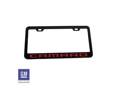 License Plate Frame with Red Camaro Script; Matte Black (Universal; Some Adaptation May Be Required)