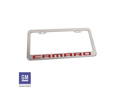 License Plate Frame with Red Camaro Script; Polished Stainless Steel (Universal; Some Adaptation May Be Required)