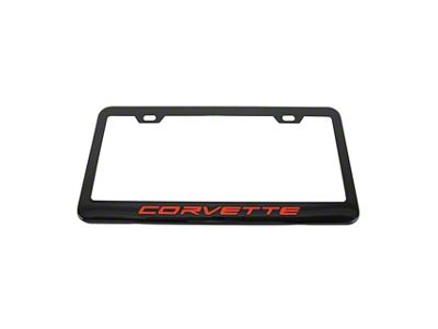 License Plate Frame with Red Corvette Script; Matte Black (Universal; Some Adaptation May Be Required)