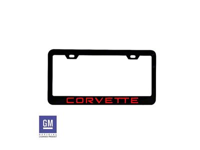 License Plate Frame with Red Corvette Script; Matte Black Stainless Steel (Universal; Some Adaptation May Be Required)