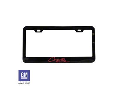 License Plate Frame with Red Corvette Sting Ray Script; Matte Black Stainless Steel (Universal; Some Adaptation May Be Required)