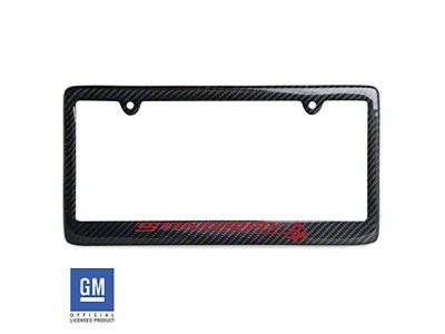 License Plate Frame with Red Stingray Script and Logo; Carbon Fiber (Universal; Some Adaptation May Be Required)
