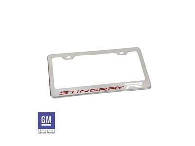 License Plate Frame with Red and White Stingray R Logo; Polished Stainless Steel (Universal; Some Adaptation May Be Required)