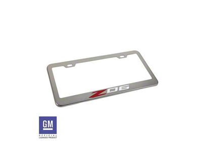 License Plate Frame with Red and White Z06 Logo; Polished Stainless Steel (Universal; Some Adaptation May Be Required)
