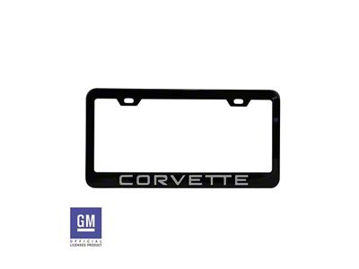 License Plate Frame with Silver Corvette Script; Matte Black Stainless Steel (Universal; Some Adaptation May Be Required)