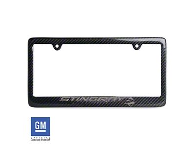 License Plate Frame with Silver Stingray Script and Logo; Carbon Fiber (Universal; Some Adaptation May Be Required)