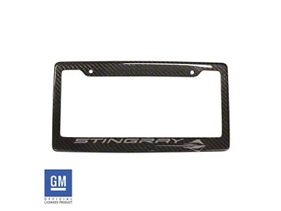 License Plate Frame with Silver Stingray Script and Logo; Carbon Fiber (Universal; Some Adaptation May Be Required)
