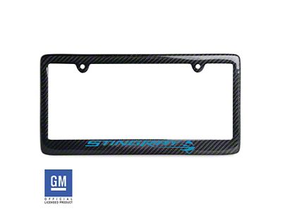 License Plate Frame with Tension Blue Stingray Script and Logo; Carbon Fiber (Universal; Some Adaptation May Be Required)